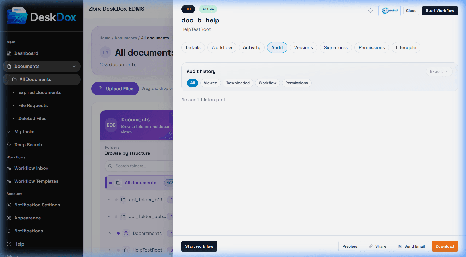 DeskDox EDMS document audit trail listing document actions and workflow events