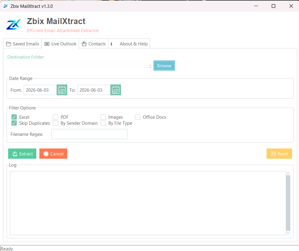 Zbix MailXtract Live Outlook tab with date range and file-type extraction filters