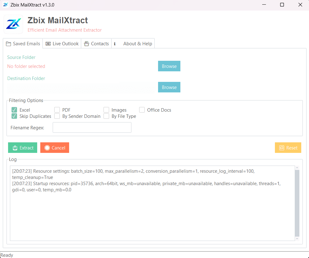 MailXtract extraction screen